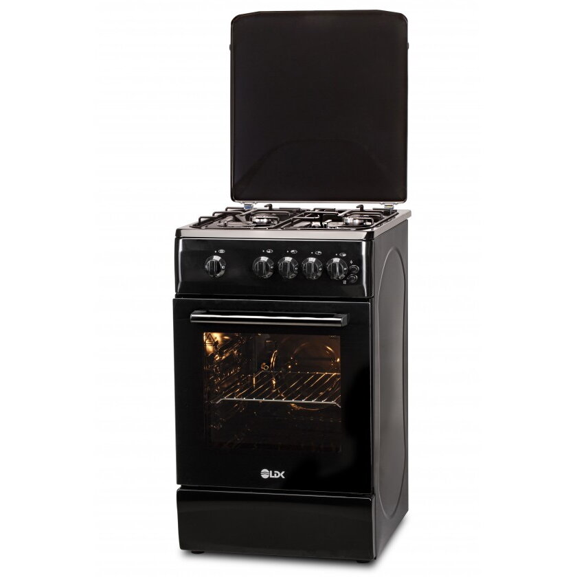 Aragaz 4 Arzatoare Siguranta Grill Rotisor Aprindere Iluminare Capac Metalic  Negru