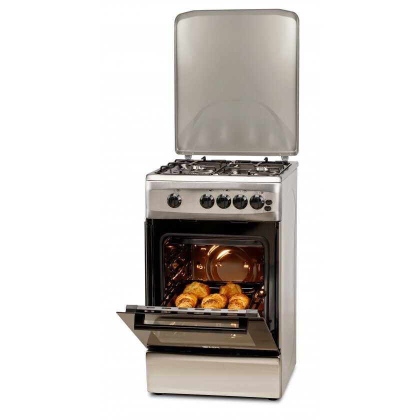 Aragaz 4 Arzatoare Siguranta Grill Rotisor Aprindere Iluminare Capac Metalic 50cm Inox