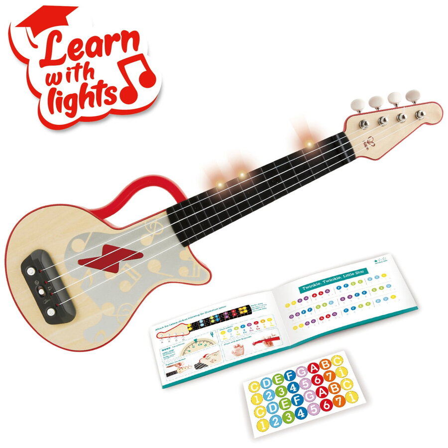 Jucarie din Lemn Instrument Ukulele invata sa canti cu lumini