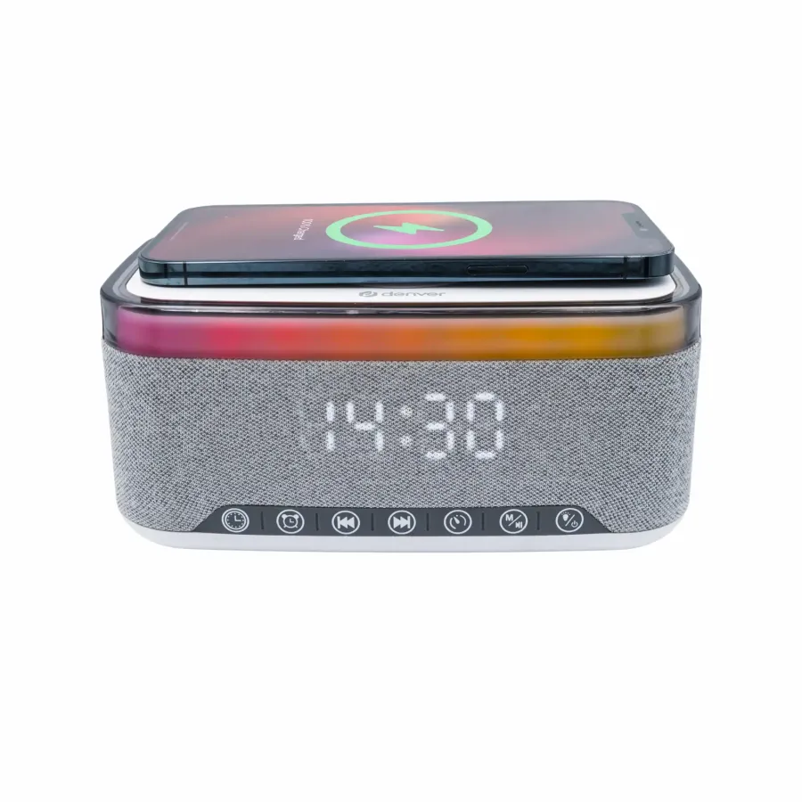 Radio cu Ceas Denver CRQ-225 Funcție de Încărcare Wireless QI pentru Smartphone Iluminare LED Bluetooth Gri — imaginea 4