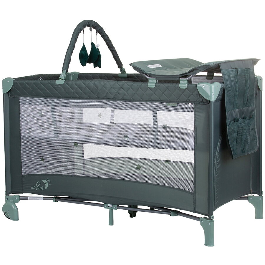 Patut Pliabil Luna cu Saltea de Infasat si Arcada Jucarii de la Nastere Maxim 15KG Verde