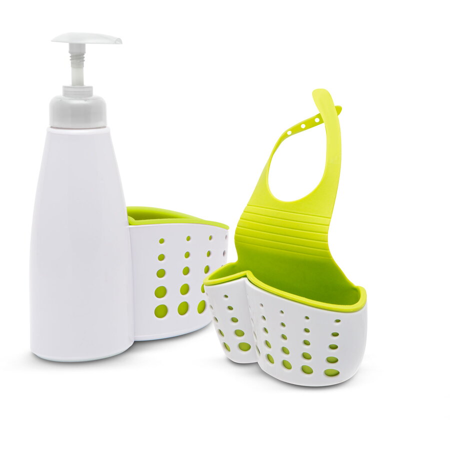 Suport 57360 cu Dozator Detergent Vase / Sapun cu Pompa Carlig Reglabil Scurgere Apa Alb
