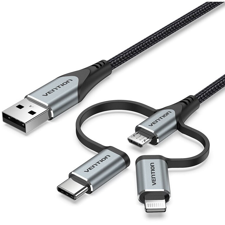 Cablu Date si Incarcare USB 2.0 A  3-in-1 Micro-B&USB-C&Lightning 1m Negru
