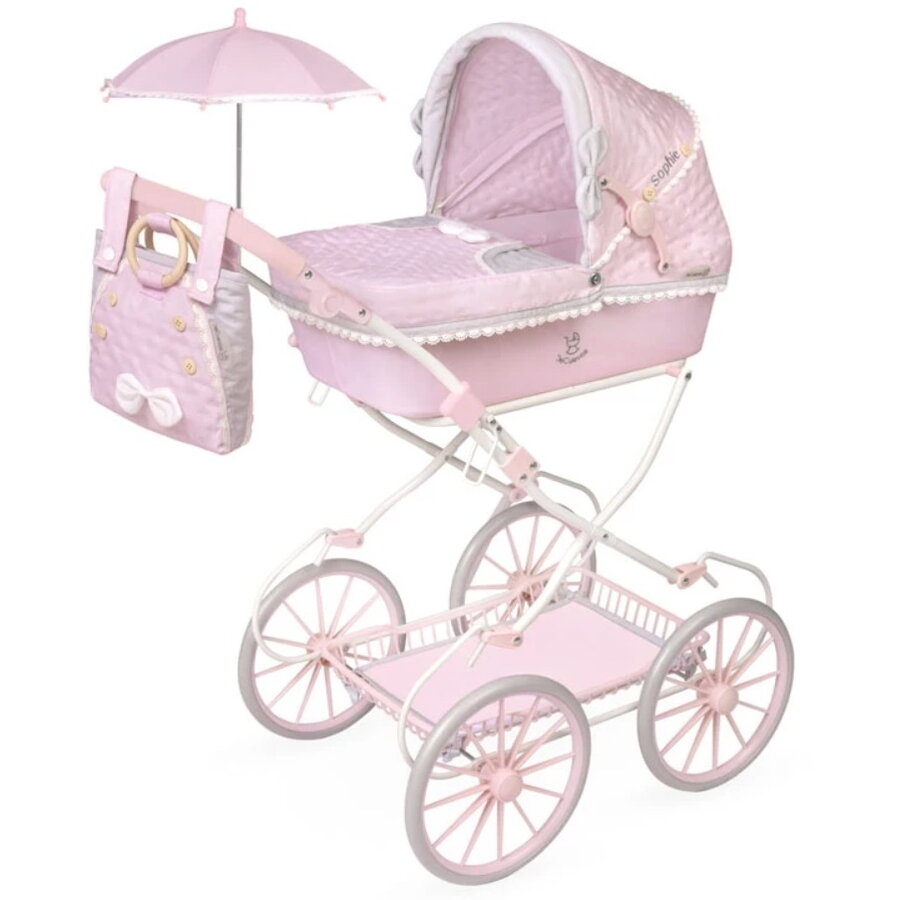 Carucior tip Landou pentru Papusi Stil Vintage cu Accesorii Complete si Maner Reglabil Colectia Sophie 3+ Ani Roz