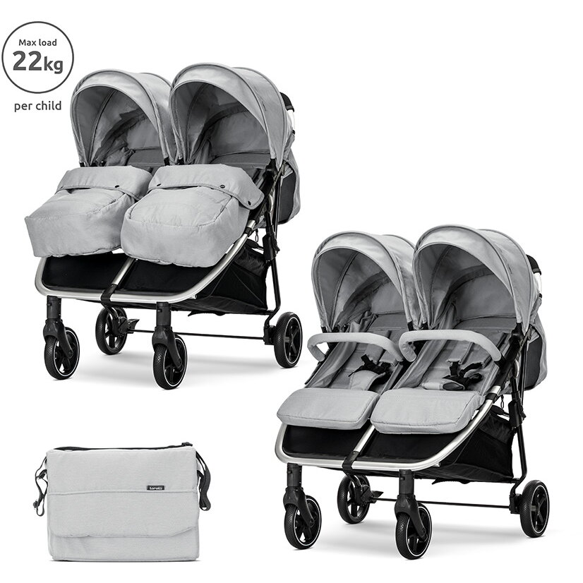 Carucior pentru Gemeni Duo pana la 22 kg per Copil Cadru din Aluminiu Spatar Reglabil Pozitii Multiple Geanta pentru Mama Inclusa Grey