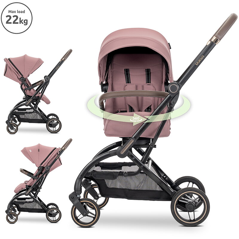 Carucior pentru Nou-Nascut Makaya cu Scaun Rotativ 360 Grade Cadru din Aluminiu pana la 22 kg Pink
