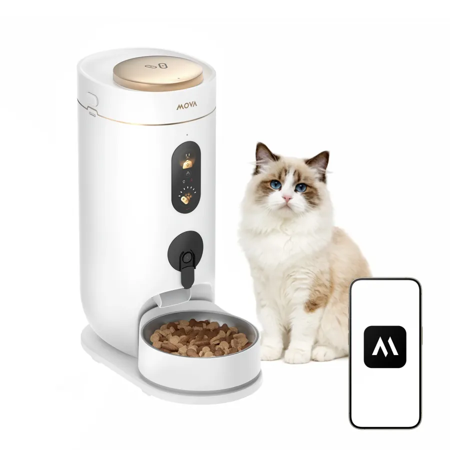Distribuitor Automat de Hrana Mova NutriPal 10 Ultra Capacitate 4L Camera HD cu Obiectiv Larg Control prin Aplicație Wi-Fi Alb