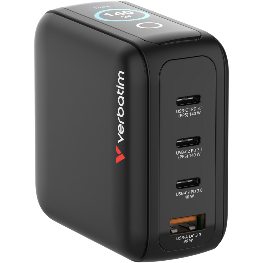Incarcator Verbatim 30240 GaN 140W cu Display 3x USB-C PD 3.0 / 1x USB-A QC 3.0 Negru — imaginea 2