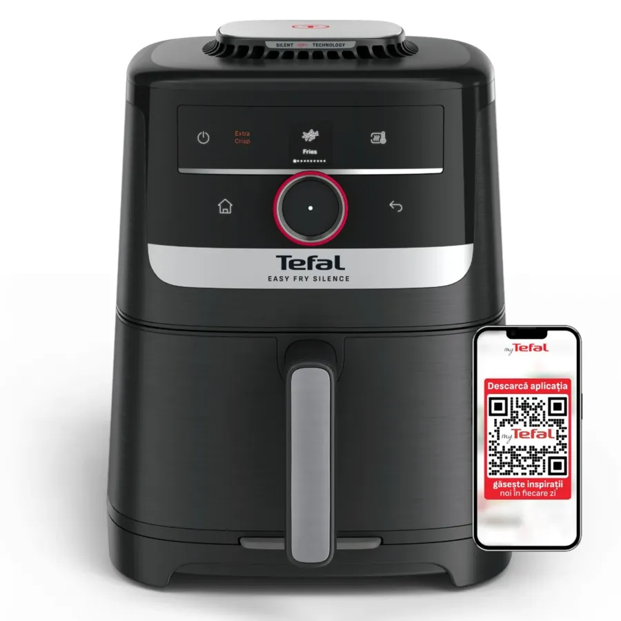 Friteuza cu Aer Cald Tefal Easy Fry Silence EY5728E1 Capacitate 5L 11 Programe Presetate Gatire Silențioasă Funcție Smart Assist Display LCD 1670W Negru