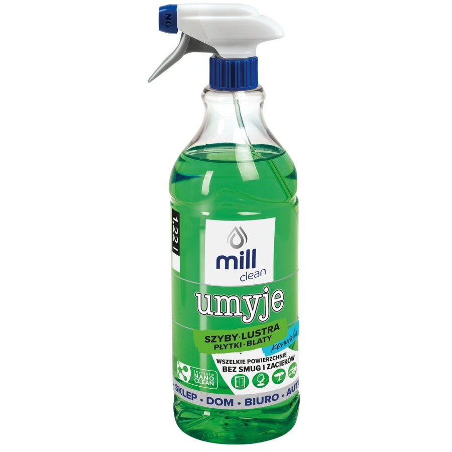 Detergent Lichid Mill Clean pentru Curatare Geamuri Sticla Oglinzi Placi Ceramice 1.22L Parfum Lacramioare Verde