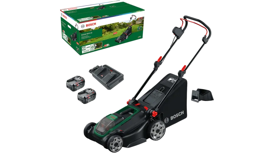 Mașina de Tuns Iarba Bosch Rotak 18V-43 2 Acumulatori 4Ah și Incarcator Lățime de Lucru 43CM Coș Colector 50L Negru/Verde