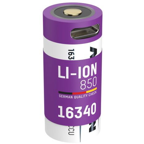 Baterie Li-Ion 16340 / RCR123 Tip 850 cu Port de Incarcare USB-C Mov