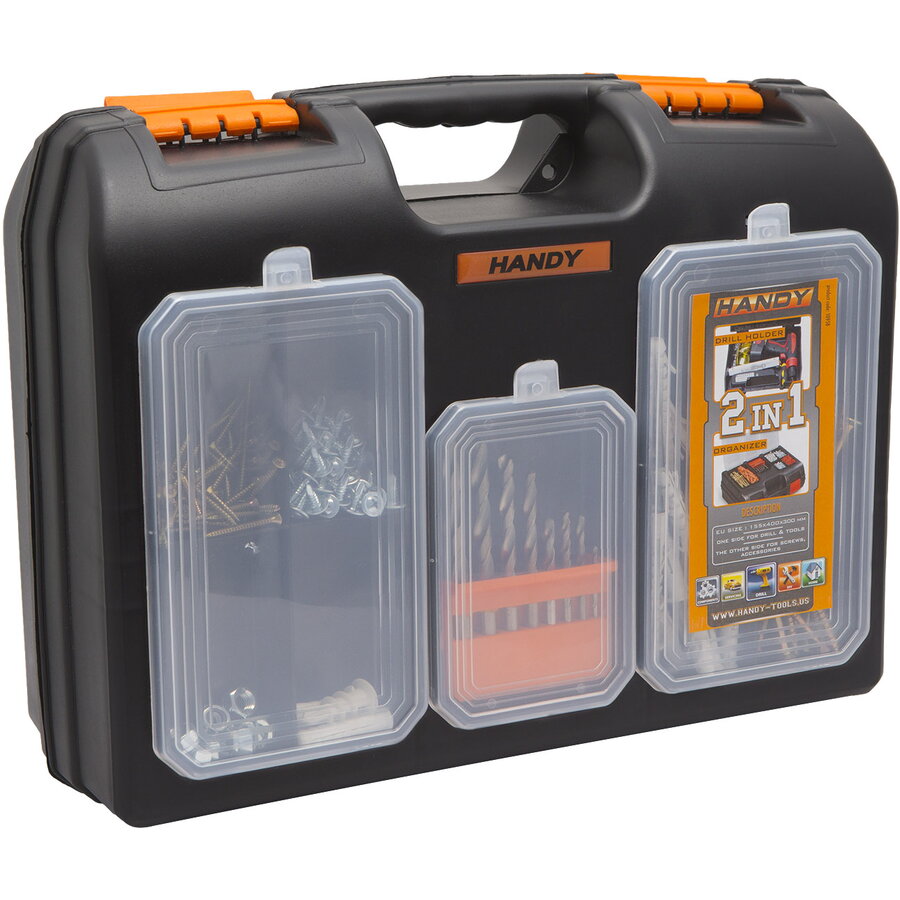 Cutie Organizator 2-in-1 pentru Burghie si Piese cu Compartimente si Capace Transparente 400 x 300 x 155mm Negru