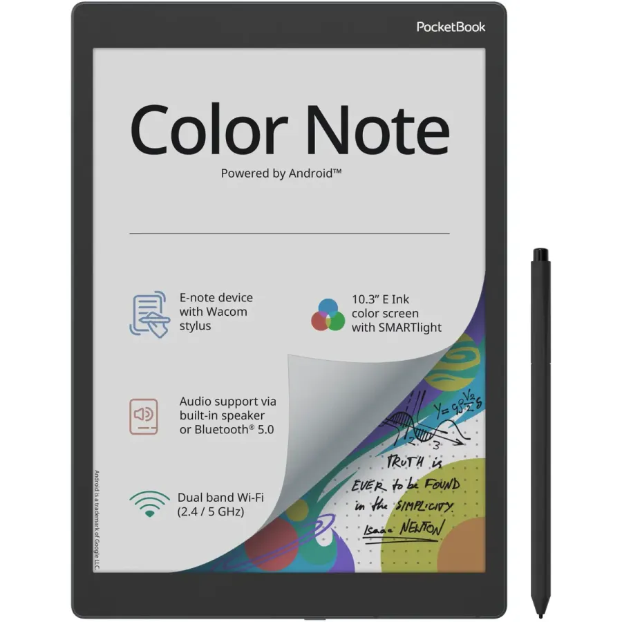 Tableta PocketBook ePape Color Note Ecran E Ink Kaleido 3 Procesor Quad Core 1.5GHz 4GB RAM 32GB Flash Wi-Fi Bluetooth Android Stylus Gri