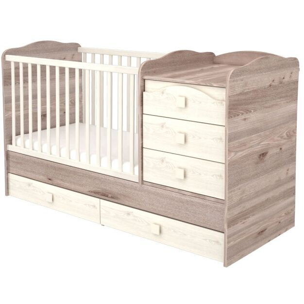 Patut Copii Sofia Maxi Kombi Transformabil din Lemn cu 5 Sertare 120x70cm +0luni Crem Nisip