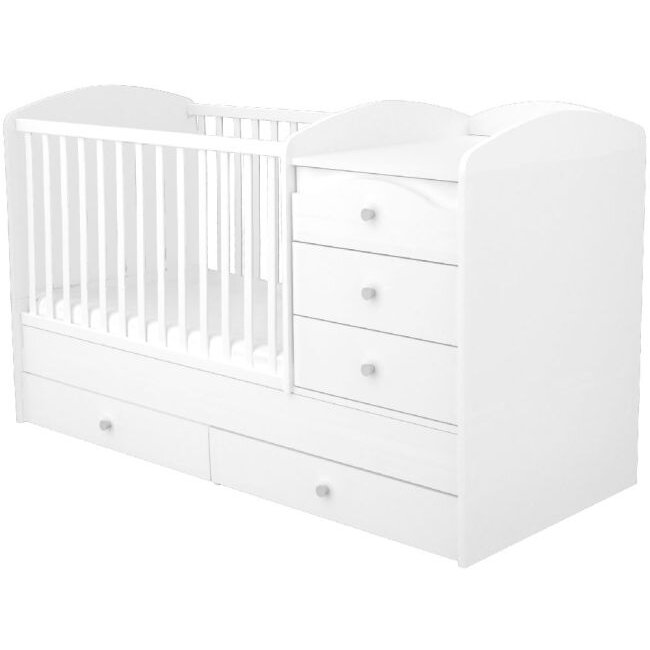 Patut Copii Matei Maxi Kombi Transformabil din Lemn cu 5 Sertare 120x70cm +0luni Alb