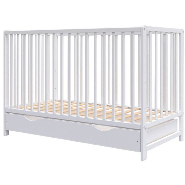 Patut Copii Dominic din Lemn 120x60cm +0luni cu Sertar Alb