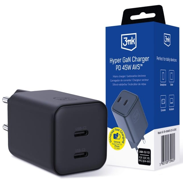 Incarcator 3MK Hyper Charger PD 45W GaN AVS QC4+ PPS AFC FCP DCP 2C Negru