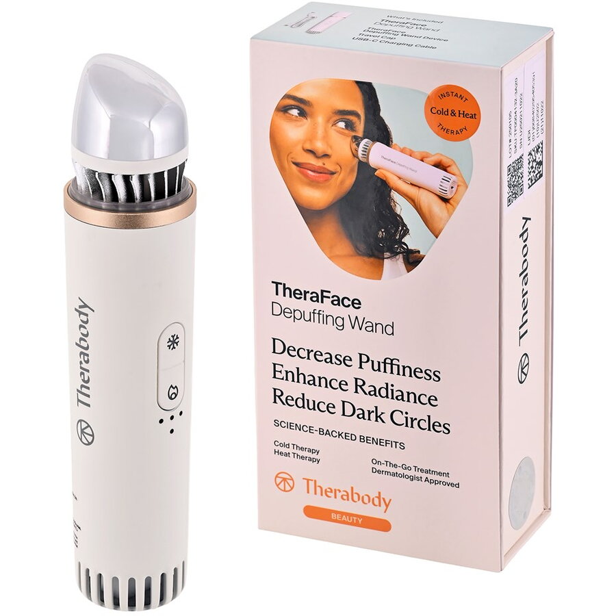 Dispozitiv Masaj Facial Therabody Theraface Depuffing Wand pentru Diminuarea Cearcanelor și a Pungilor de sub Ochi Alb