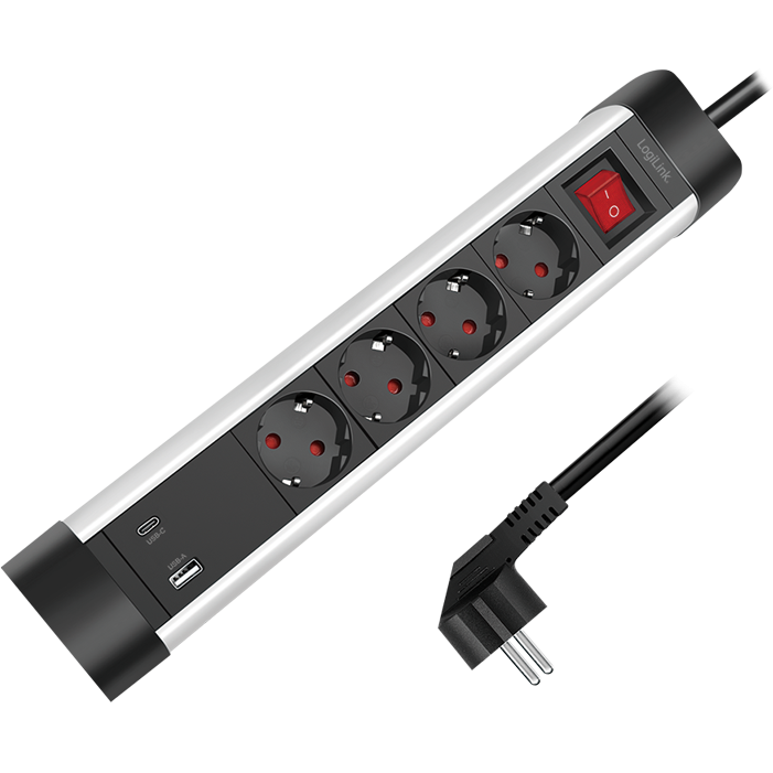 Prelungitor Logilink Schuko x 4 Conectare prin Schuko (T) ON/OFF 16 A 1xUSB-A 1xUSB-C Cablu 1.5m Protecție IP20 Negru-Argintiu