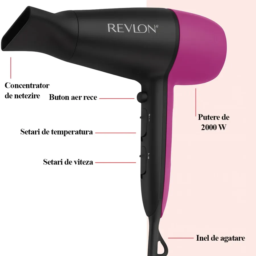 Uscător de Par Revlon Easy Heat RVDR5347E Tehnologie Ionica cu Turmalina 3 Trepte de Temperatura 2 Viteze Concentrator de Aer Inclus 2000W Negru/Roz — imaginea 3