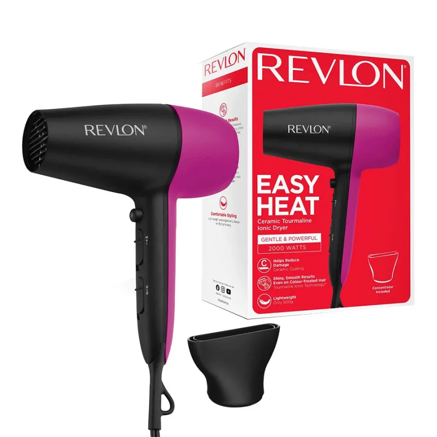 Uscător de Par Revlon Easy Heat RVDR5347E Tehnologie Ionica cu Turmalina 3 Trepte de Temperatura 2 Viteze Concentrator de Aer Inclus 2000W Negru/Roz