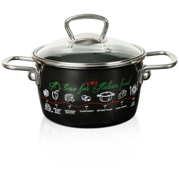 Oală cu Capac Sticlă Metalac Italian Food Email 1.9L Diametru 16CM Negru