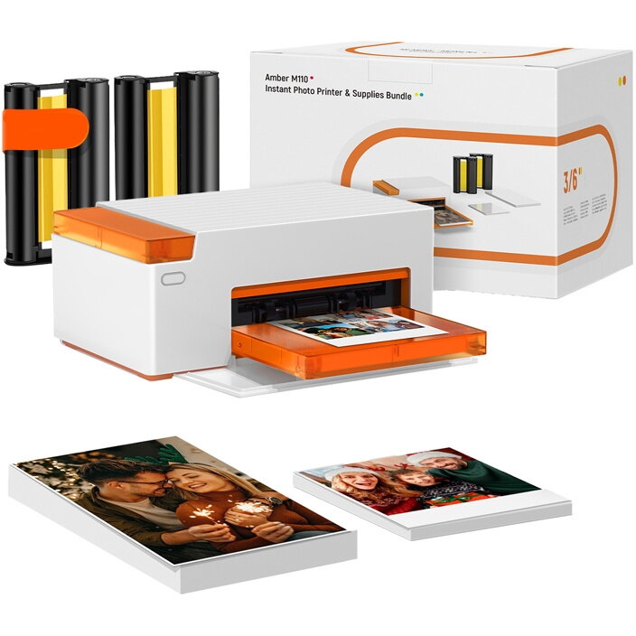 Imprimanta Foto Portabila Amber M110 Format 10x15CM Conectivitate Bluetooth Include Set Hartie Foto 4x6Inch 60 Coli si 2 Cartuse Cerneala Alb/Portocaliu