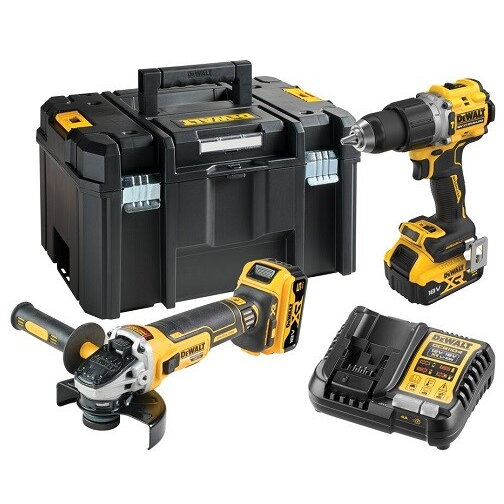 Kit 2 Unelte fără Fir DeWALT DCK2026P2T-QW Combo Mașina de Gaurit / Insurubat DCD805 + Polizor Unghiular DCG405 + 2 Acumulatori 5.0 Ah 18V XR + Incarcator in Valiză Transport TSTAK VI Negru/Galben