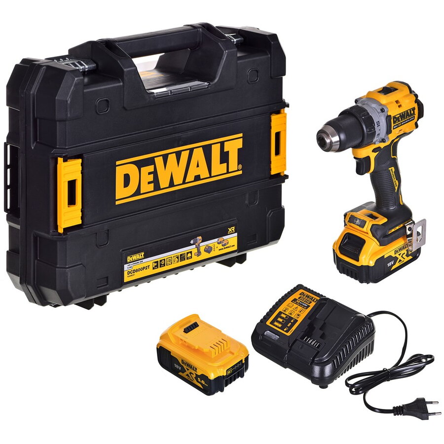 Mașina de Gaurit și Insurubat DeWALT DCD800P2T-QW cu 2 Acumulatori 18V 5Ah și Incarcator in Valiză Transport Negru/Galben