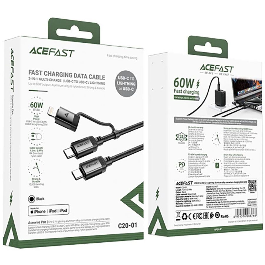 Cablu de date Acefast C20-01, USB-C la USB-C / Lightning, 60W / 30W, 3A, 480 Mbps, 1.2m, Negru — imaginea 3
