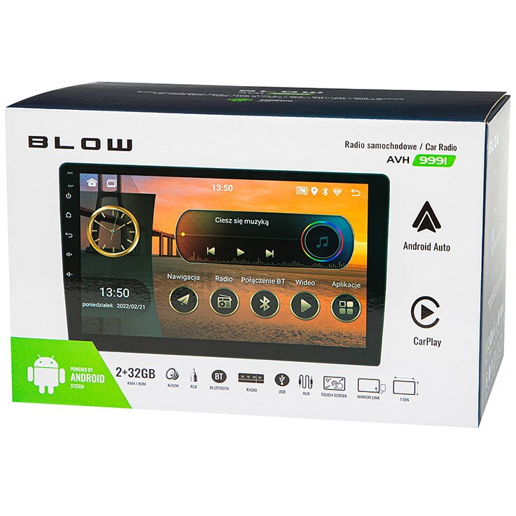 Multimedia Player Auto Blow AVH-9991 1DIN Ecran Tactil 9Inch Radio Android Wi-Fi GPS CarPlay RAM 2GB + ROM 32GB Negru