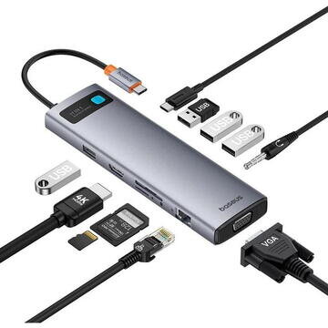Hub USB Metal Gleam 11-in-1 USB-C la HDMI 4K@60Hz VGA USB 3.0 USB 2.0 PD RJ45 SD/TF 3.5mm Gri