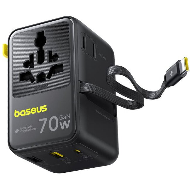 Incarcator Baseus Rețea Cu Cablu USB-C Travel EnerCore CG11 70W 2 x Priza - 1 x USB-C - 2 x USB-A Negru