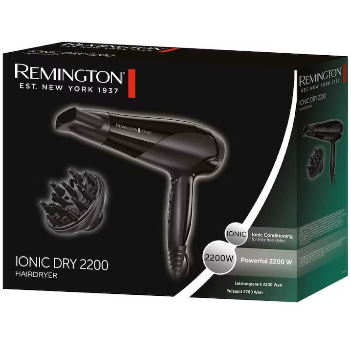 Uscător de Par Remington D3198 Putere 2200W 3 Nivele de Căldura 2 Viteze Ionic Negru — imaginea 3