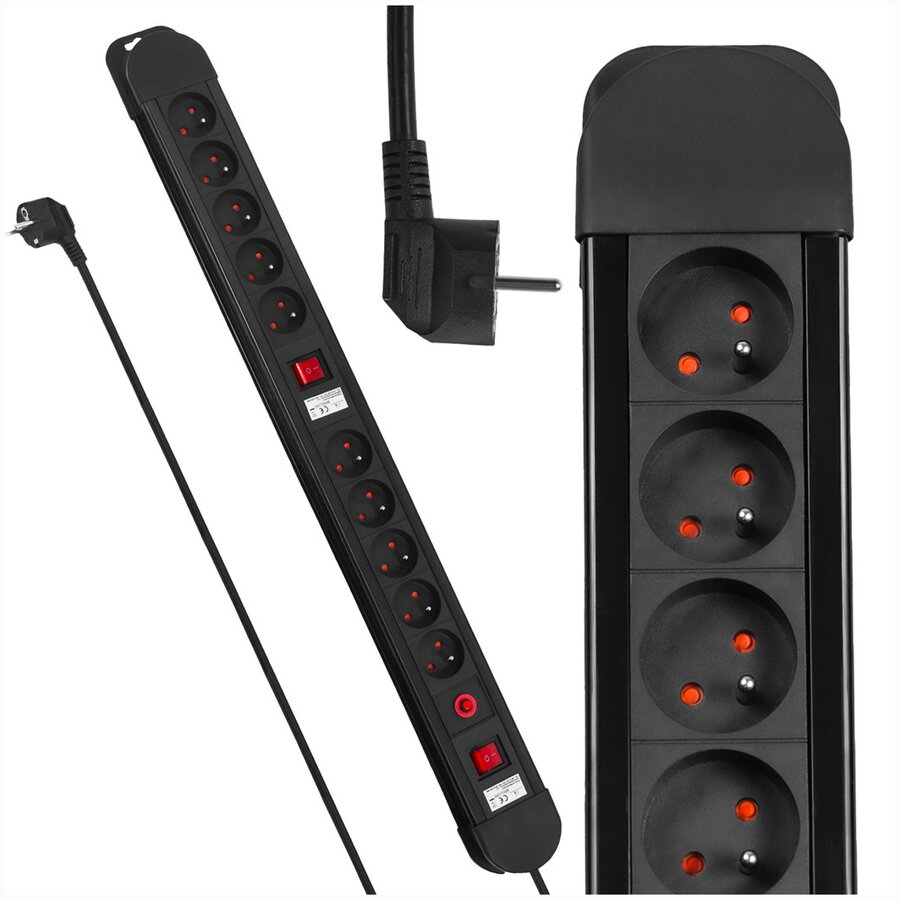 Prelungitor Maclean MCE10 10 Prize 2 Intrerupatoare Protecție și Indicator de Suprasarcină 3680W Negru