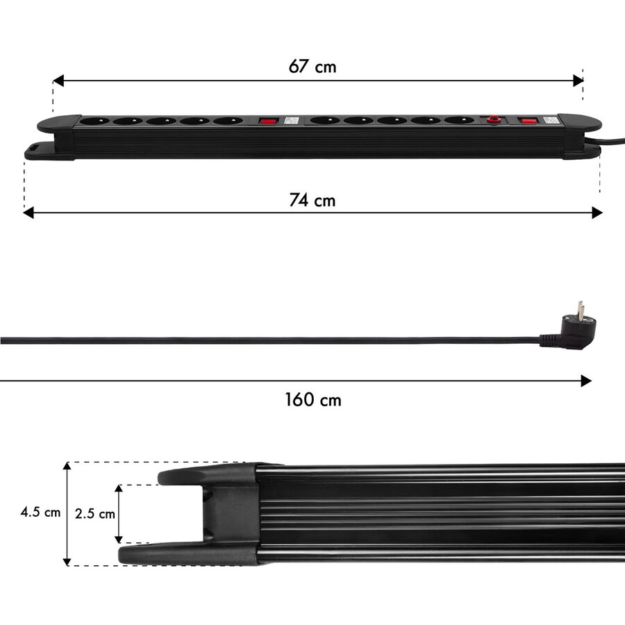 Prelungitor Maclean MCE10 10 Prize 2 Intrerupatoare Protecție și Indicator de Suprasarcină 3680W Negru — imaginea 4