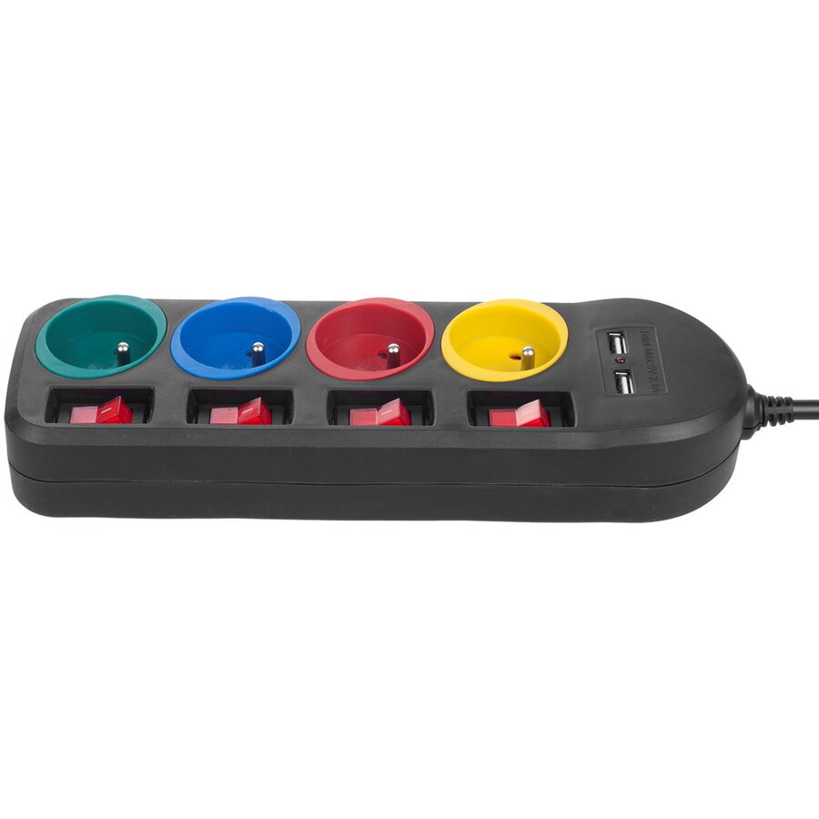 Prelungitor Maclean MCE229 B 4 Prize 2xUSB cu Intrerupatoare 250VAC/10A 2.1A 5V 1.5m Negru — imaginea 2