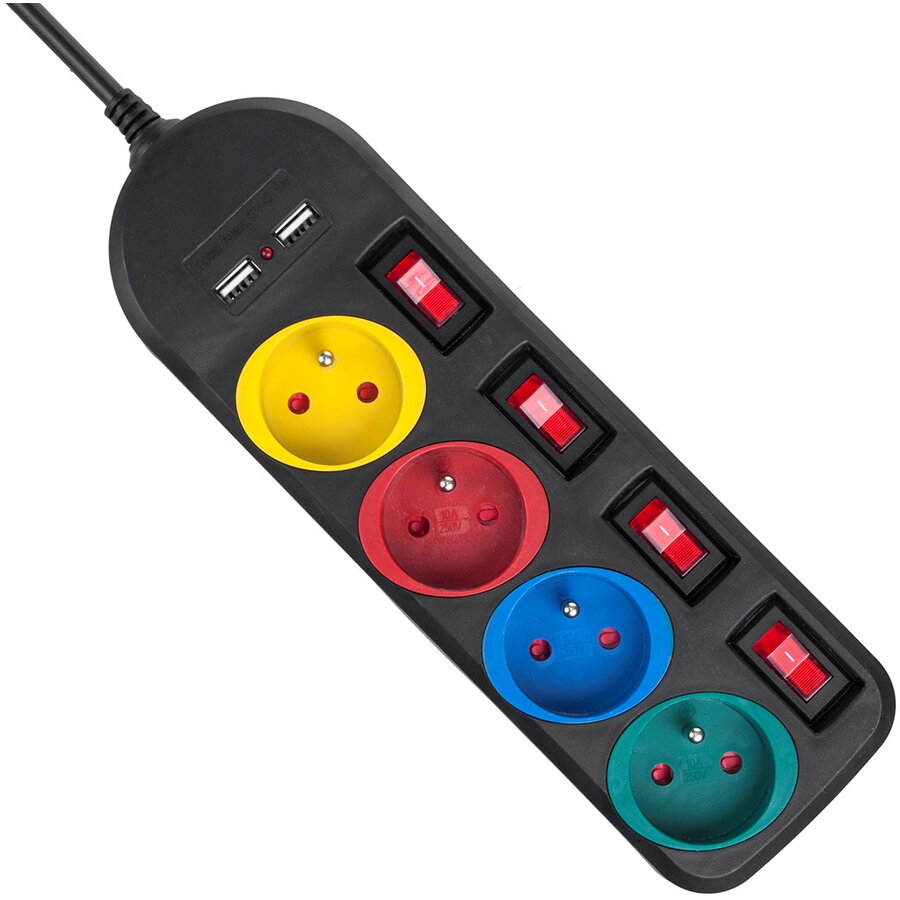 Prelungitor Maclean MCE229 B 4 Prize 2xUSB cu Intrerupatoare 250VAC/10A 2.1A 5V 1.5m Negru — imaginea 3