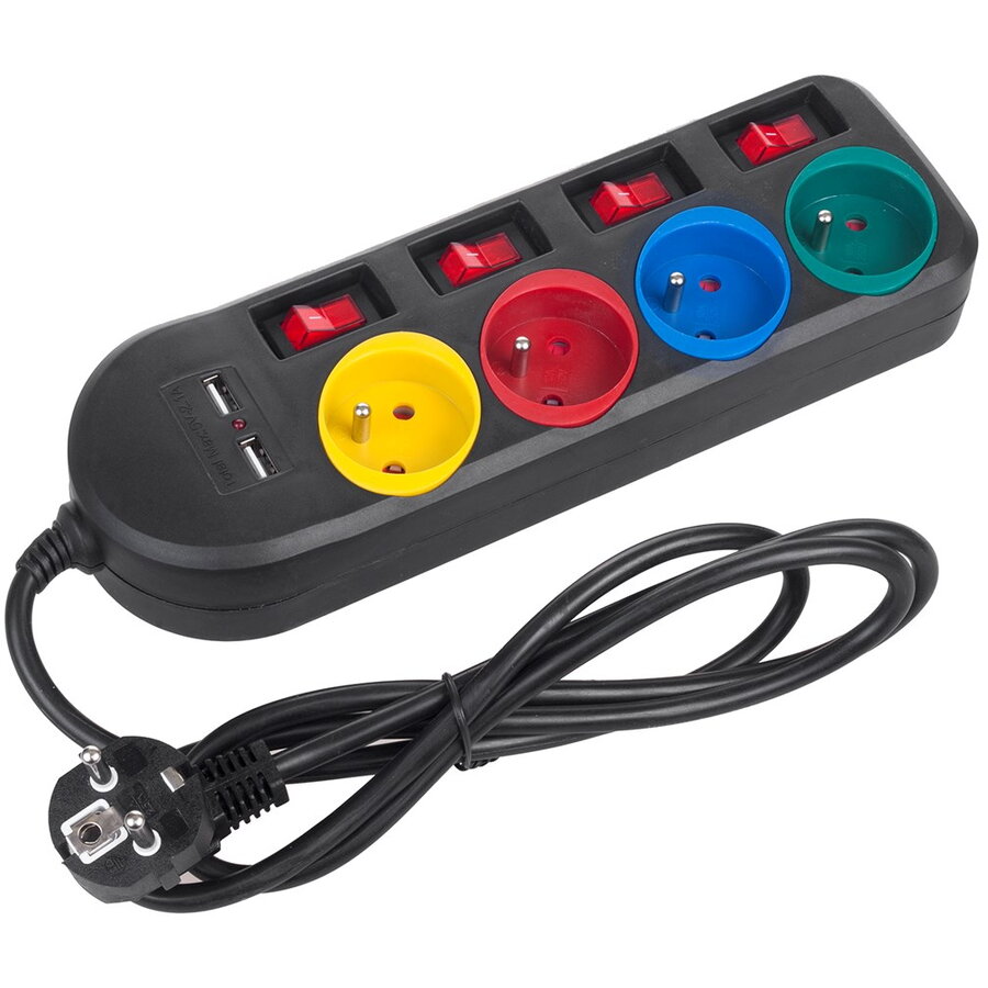 Prelungitor Maclean MCE229 B 4 Prize 2xUSB cu Intrerupatoare 250VAC/10A 2.1A 5V 1.5m Negru — imaginea 4