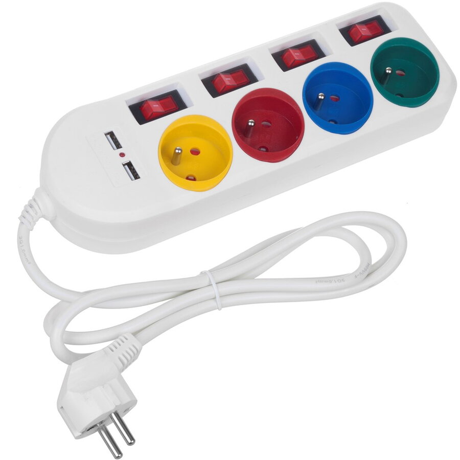 Prelungitor Maclean MCE229 W 4 Prize + 2x USB cu Intrerupatoare 250VAC/10A 2.1A 5V 1.5m Alb