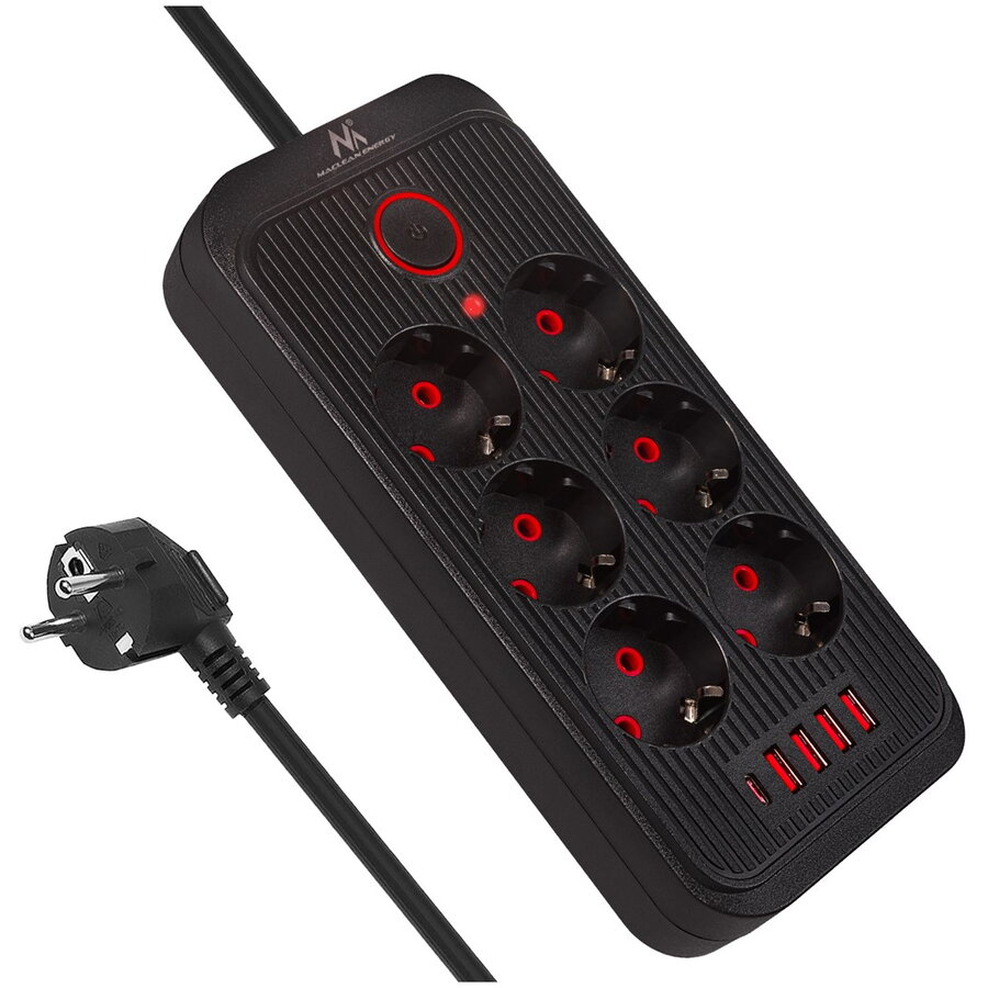 Prelungitor Maclean MCE389 B 6 Prize + 4x USB 110-240V AC 50/60Hz 2.1A 2500W 1.5m Negru
