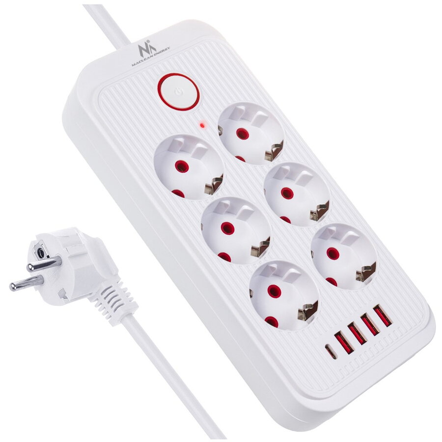 Prelungitor Maclean MCE389 W 6 Prize + 4x USB 110-240V AC 50/60Hz 2.1A 2500W 1.5m Alb