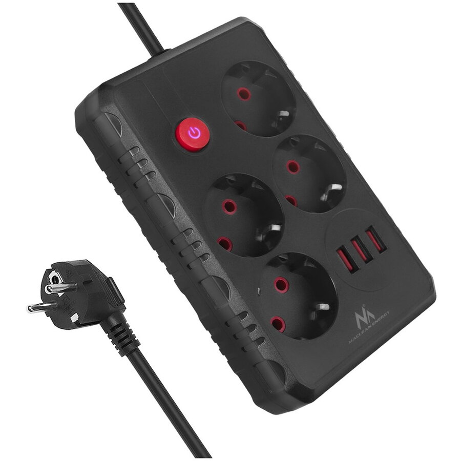 Prelungitor Maclean MCE393 B 4 Prize + 3x USB 110-240V AC 50/60Hz 2.1A 2500W 3m Negru