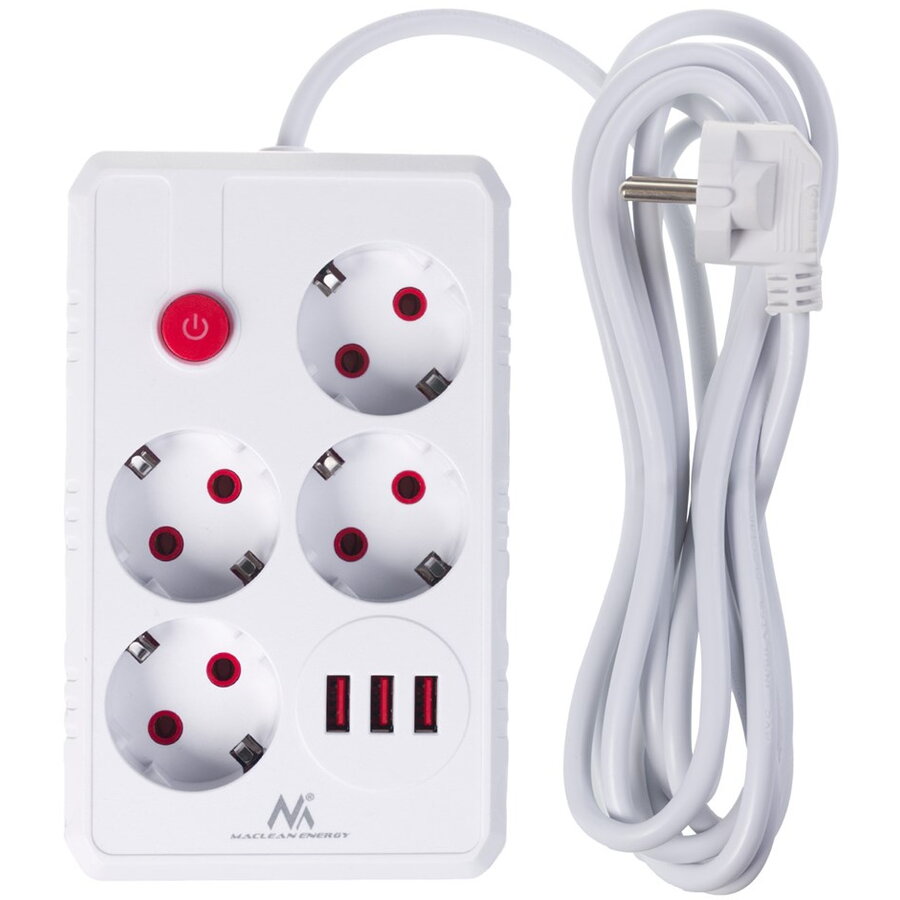 Prelungitor Maclean MCE393 W 4 Prize + 3x USB 110-240V AC 50/60Hz 2.1A 2500W 3m Alb — imaginea 2