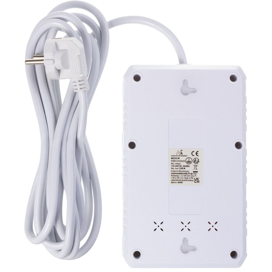Prelungitor Maclean MCE393 W 4 Prize + 3x USB 110-240V AC 50/60Hz 2.1A 2500W 3m Alb — imaginea 3