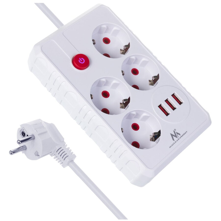 Prelungitor Maclean MCE393 W 4 Prize + 3x USB 110-240V AC 50/60Hz 2.1A 2500W 3m Alb