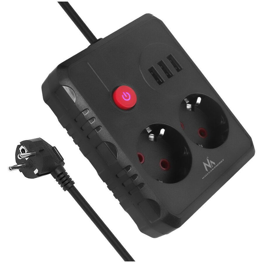 Prelungitor Maclean MCE387 B 2 Prize + 3x USB 110-240V AC 50/60Hz 2.1A 2500W 1.5m Negru