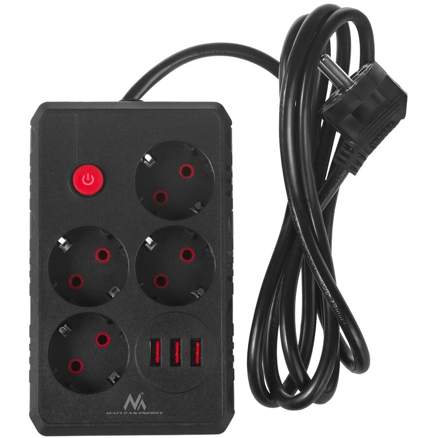 Prelungitor Maclean MCE392 B 4 Prize + 3x USB 110-240V AC 50/60Hz 2.1A 2500W 1.5m Negru