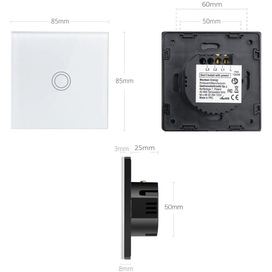 Întrerupător Tactil Maclean Energy MCE702W Single Sticlă cu Buton Rotund Alb